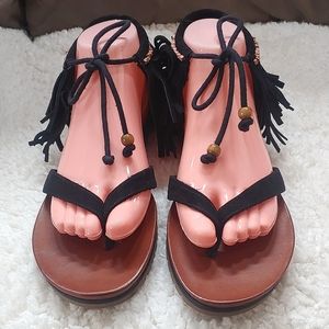 MIA Native Black Fringe Beaded Suede Leather Sandals